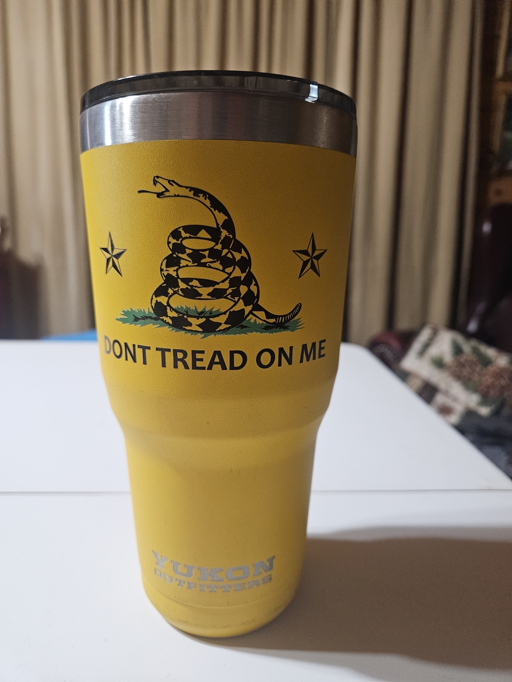 Yellow "Don't Tread On Me" Stainless Tumbler Made By Yukon Outfitters